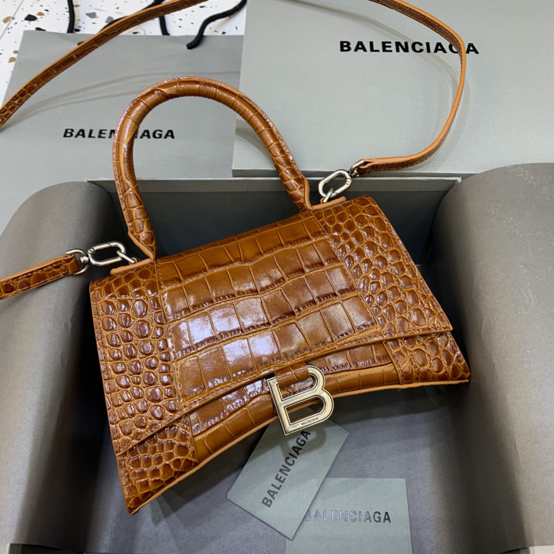 Balenciaga Hourglass Small Handbag Crocodile Embossed Shoulder Bag Brown